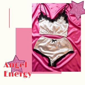 Satin Lace Cami & Short Set - White with Black Trim